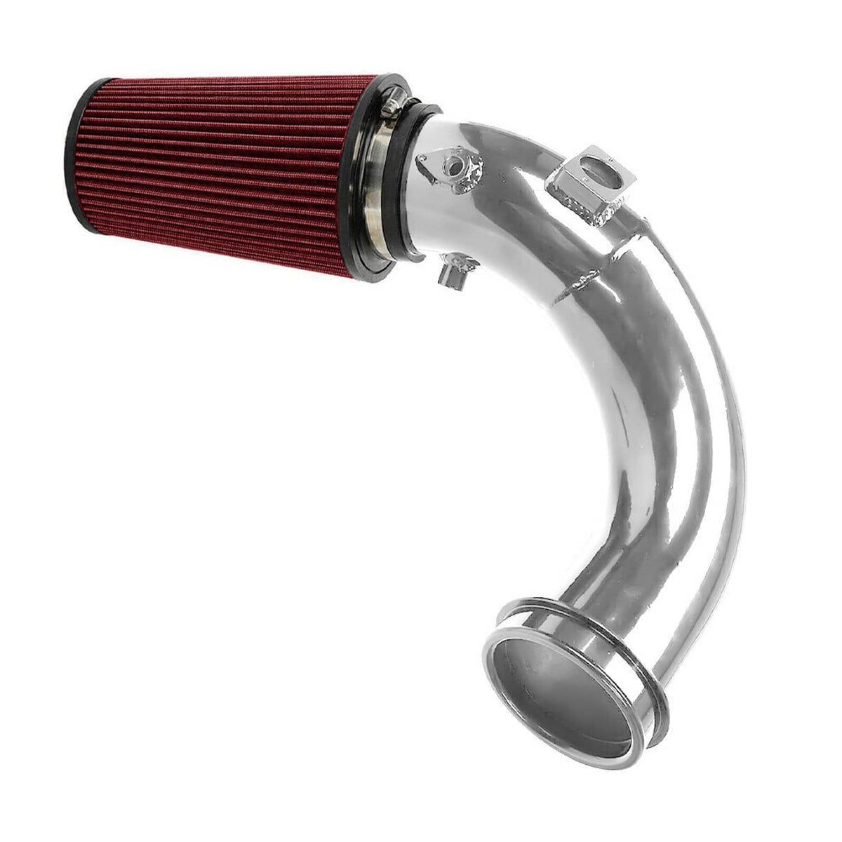 Oiled air filter cold air intake tube with red filter element and polished piping
