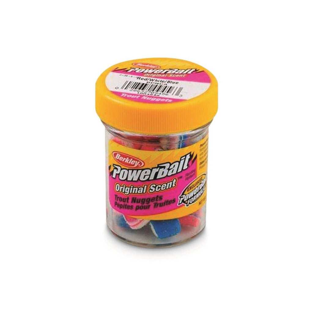 Berkley PowerBait Original Scent trout nuggets jar with blue/purple bait nuggets in clear container