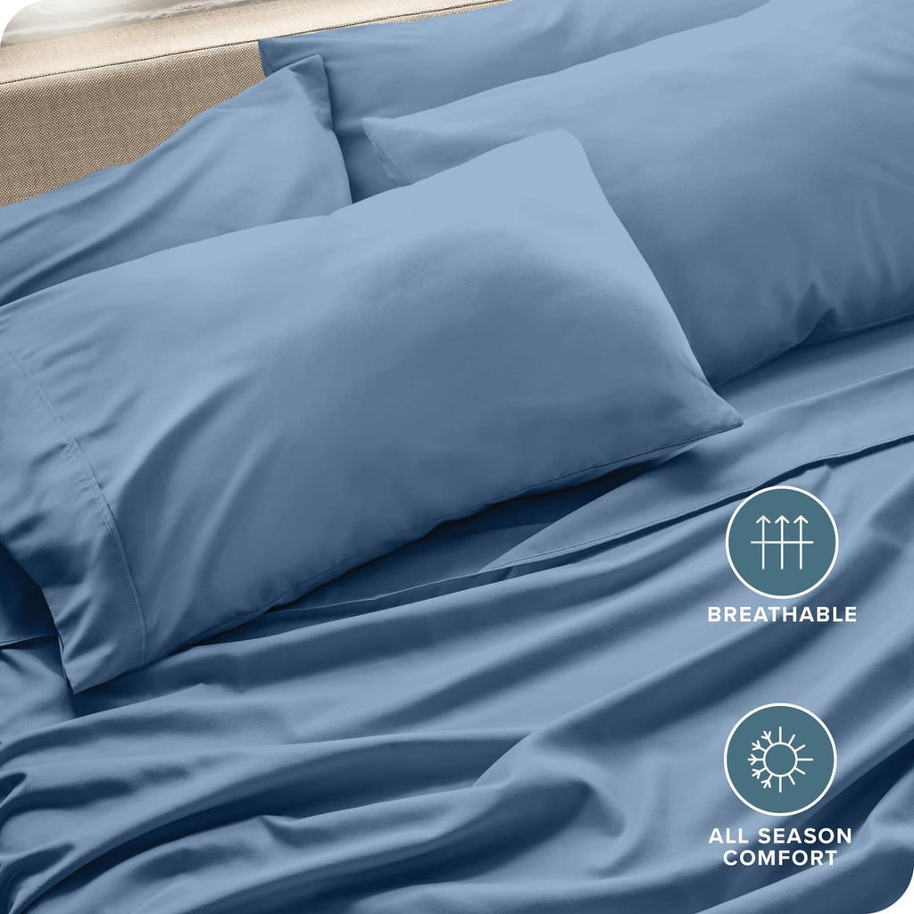 Light blue microfiber pillowcases with visible seams and layered corners