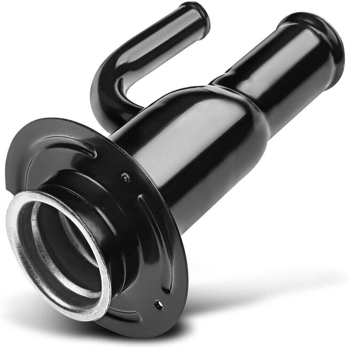 Fuel tank filler neck pipe with black housing and metal opening, flange-mount design