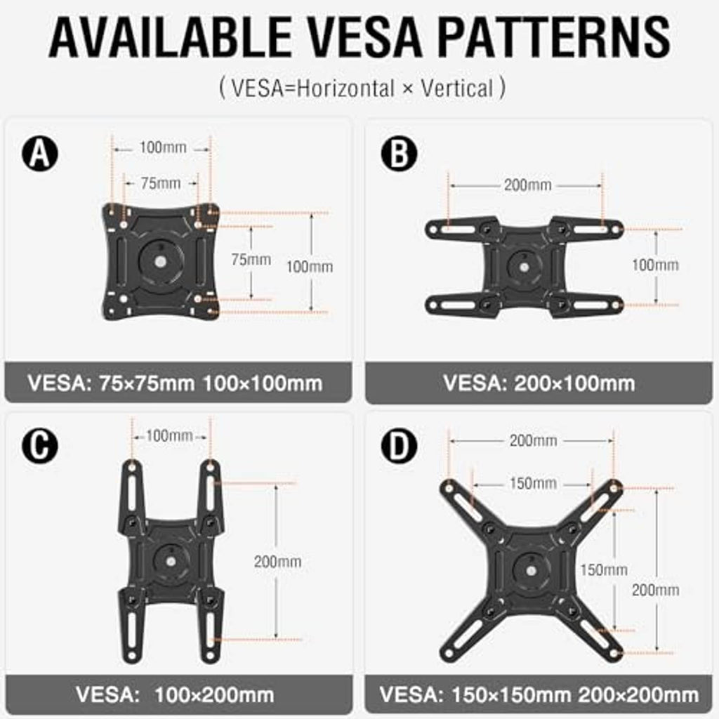 Black TV mount bracket diagram showing VESA mounting hole patterns
