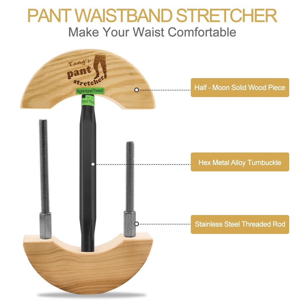 Pant waist stretcher kit with light wood half-moon piece and threaded metal rods