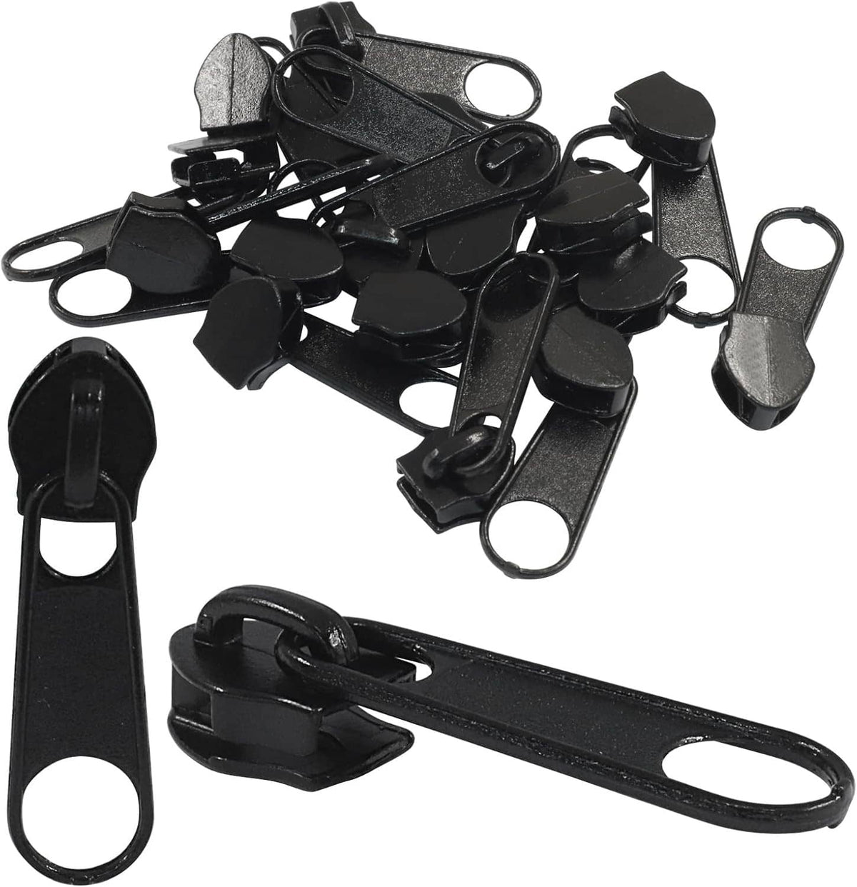 Black zipper slider replacements, assorted pull tabs with loop ends for fixing zippers