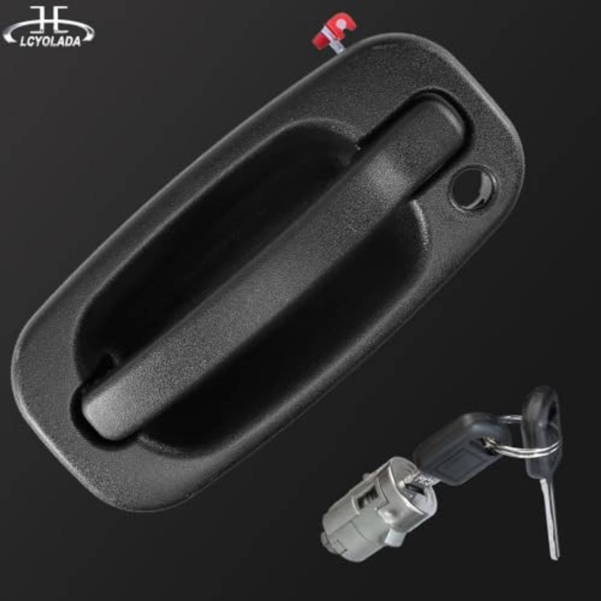 Front exterior door handle with lock cylinder, black textured finish, with keys