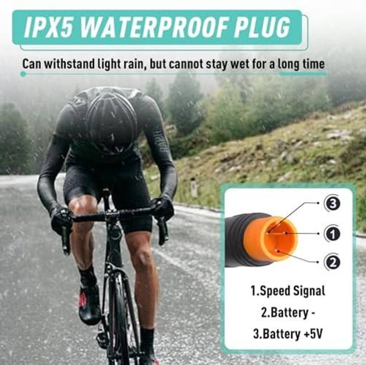 E-bike half-twist throttle grip with orange-tipped waterproof plug near controller