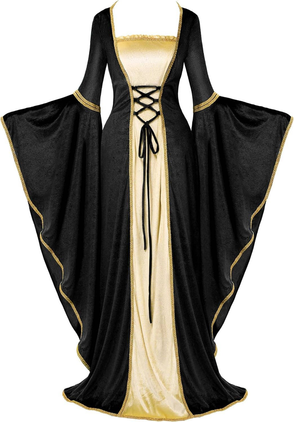 Black velvet medieval gown with wide sleeves, cream corset lacing, and gold edging