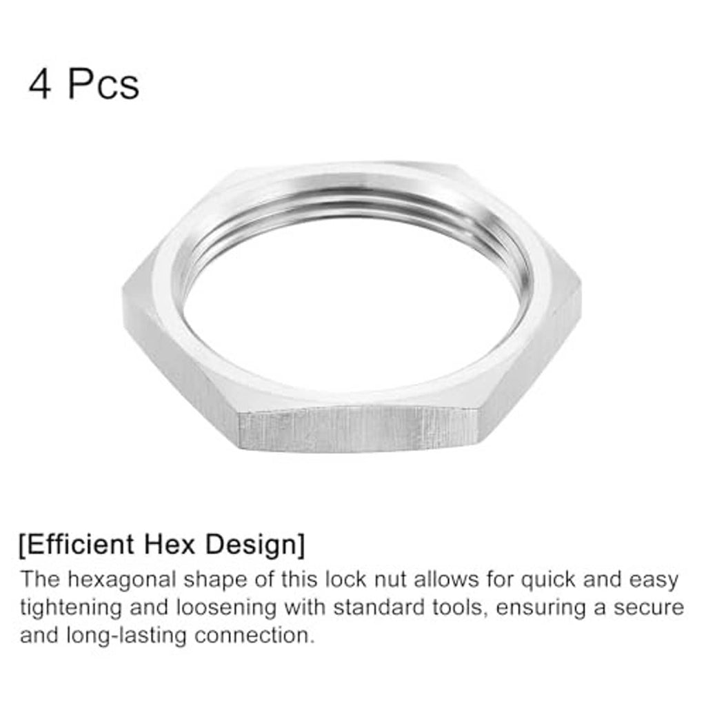 Thin hex lock nut, silver metal, 4-pack, threaded female connection