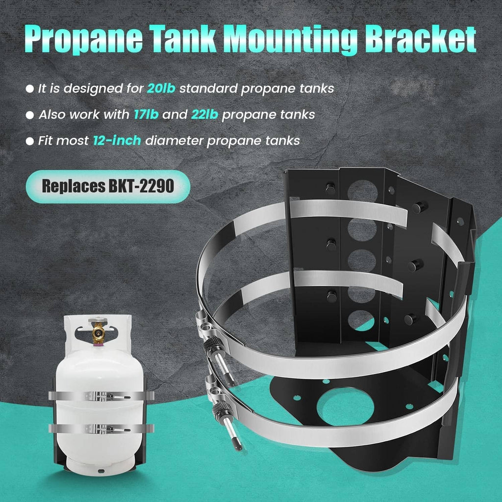 Propane tank mounting bracket kit with clamp rings and white regulator assembly.