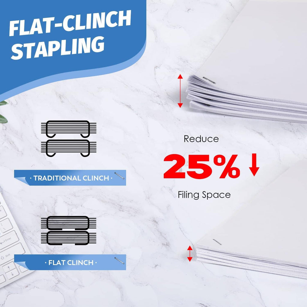 Stapling layout graphic with paper stacks and flat-clinch stapler icons