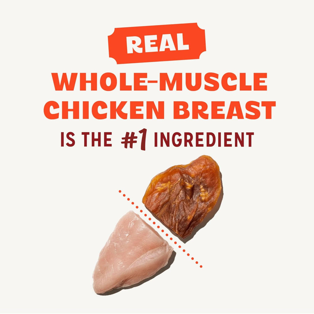 Chicken jerky dog treats with real whole muscle chicken breast #1 ingredient graphic