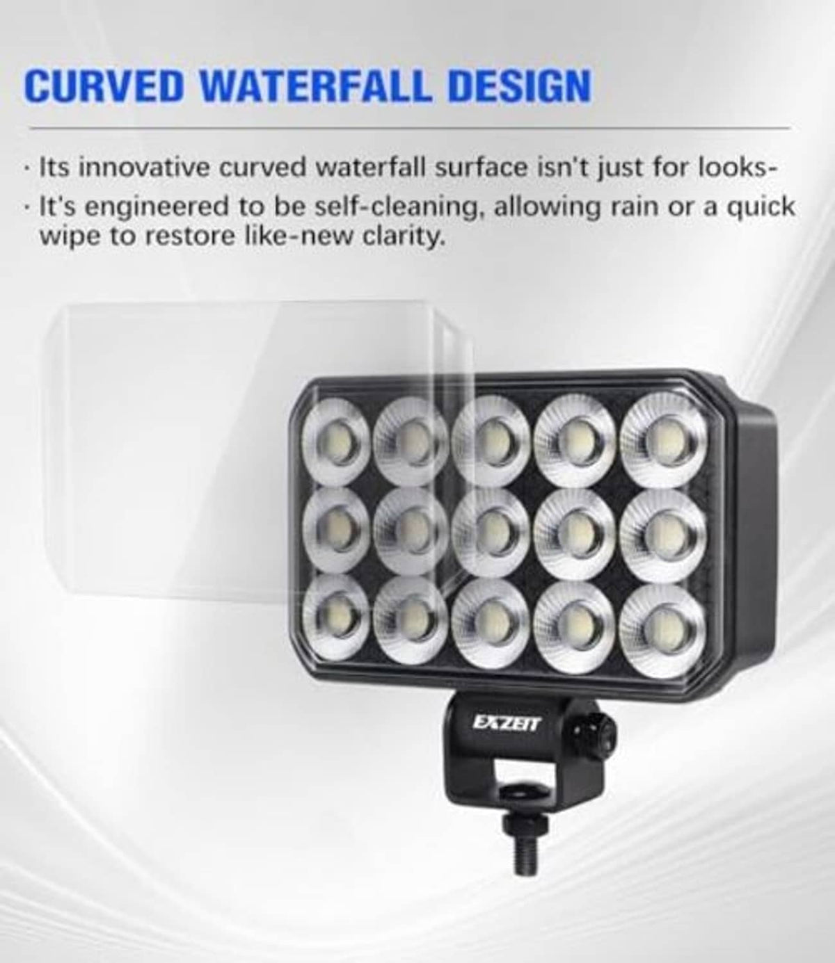 Curved rectangular LED work light with multiple circular lens bulbs and black bracket