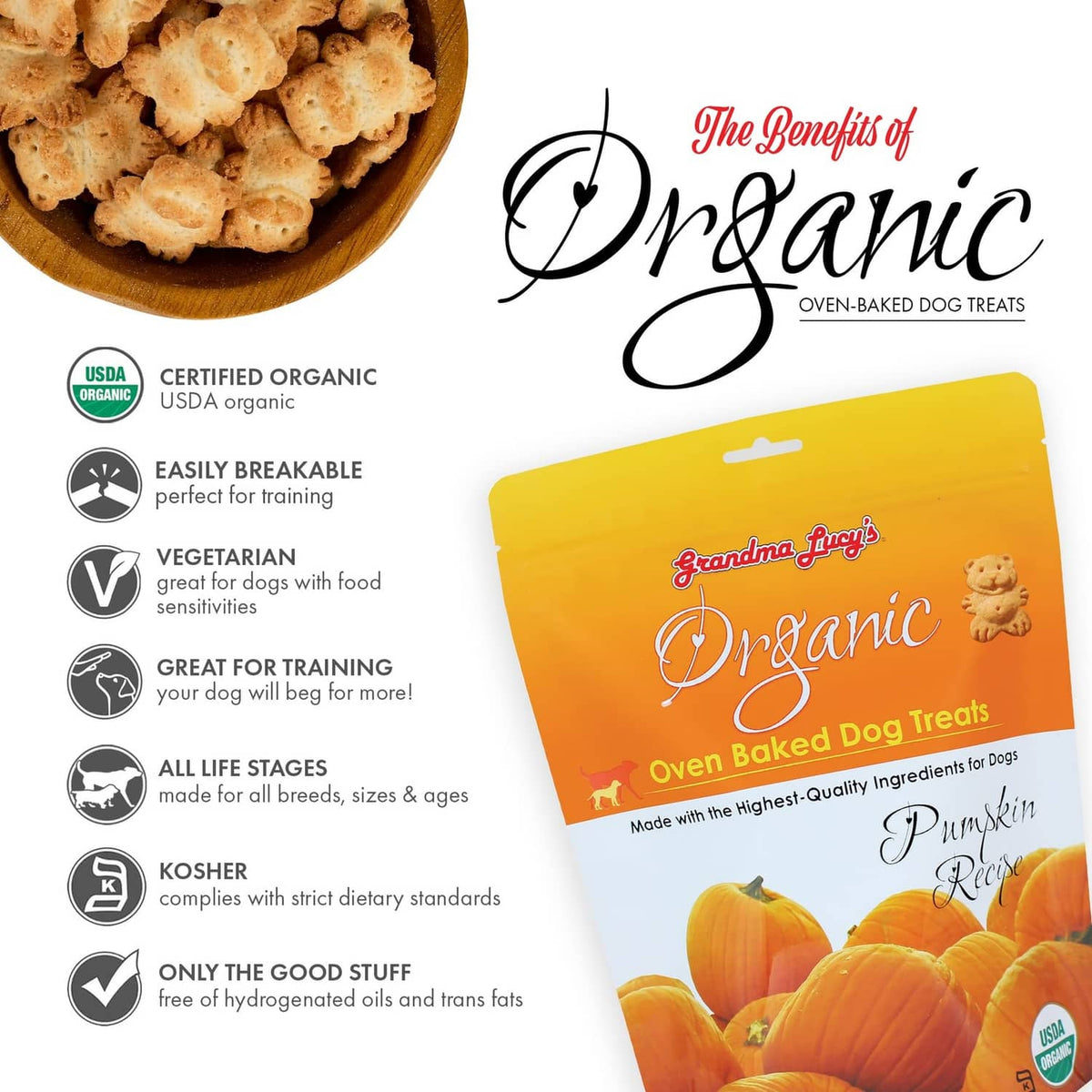 Organic oven-baked dog treat bag with pumpkin recipe and bowl of baked treats