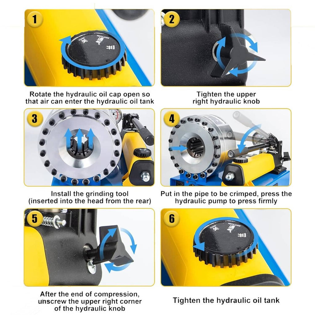 Hydraulic hose crimping machine with yellow pump head and die turret on blue base