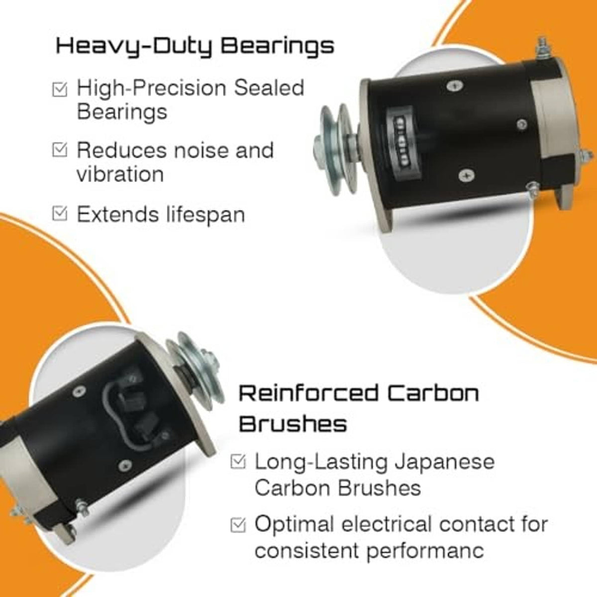Starter generator infographic showing heavy-duty bearings and reinforced carbon brushes