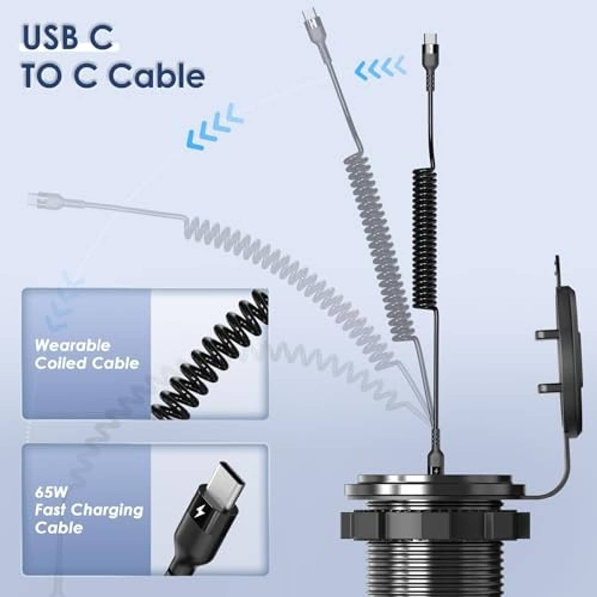 USB-C to USB-C cable with wear-resistant coiled spring lead and charging plug ends