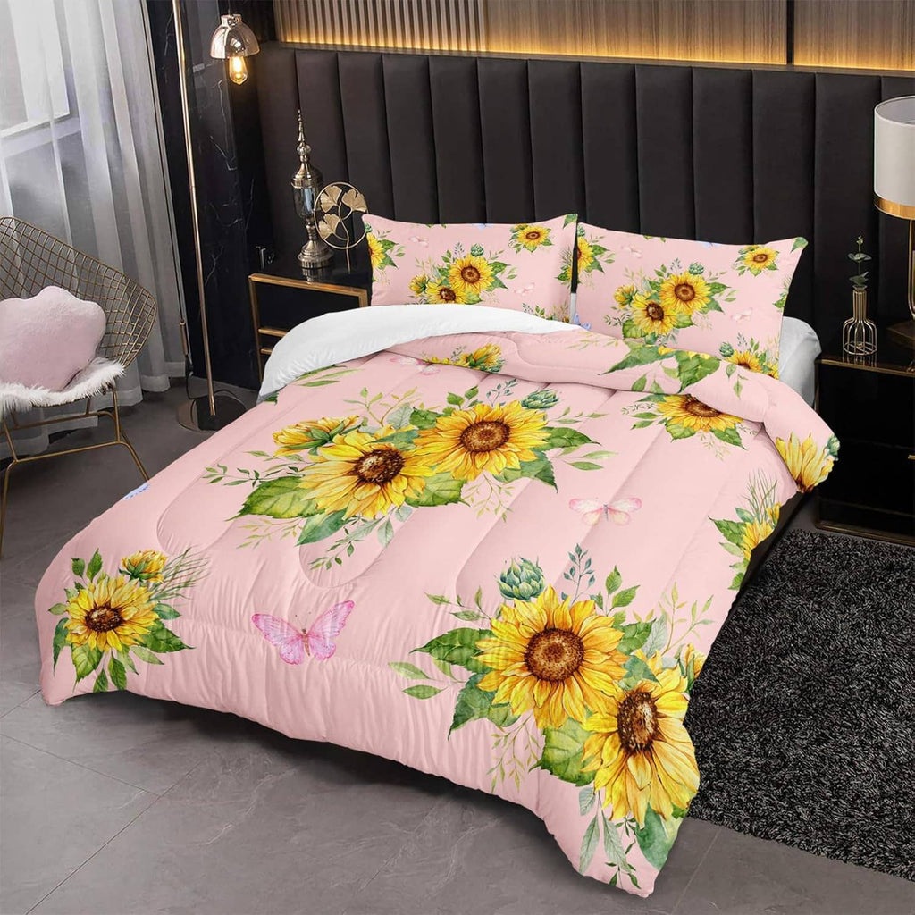 Pink sunflower comforter set with floral pillow shams and butterfly details