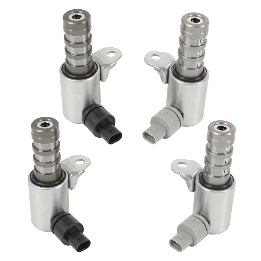 Set of four variable valve timing solenoids, silver housings with black and gray connector plugs