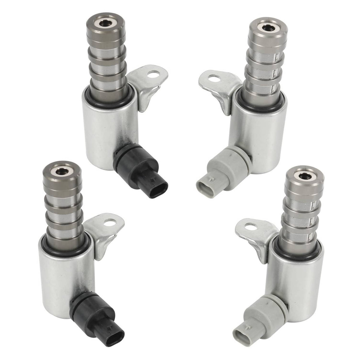Set of four variable valve timing solenoids, silver housings with black and gray connector plugs