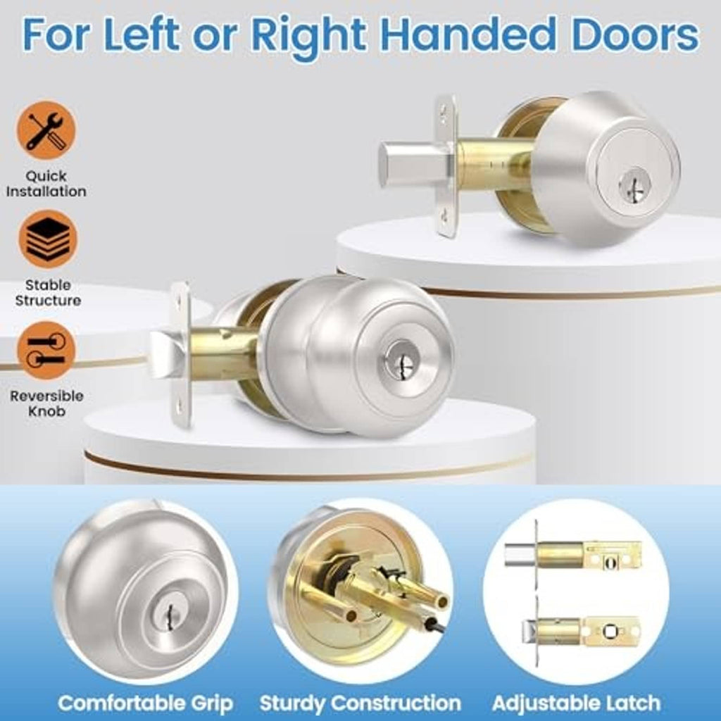 Brushed nickel exterior door knob with lock, reversible knob design for left or right handed doors.