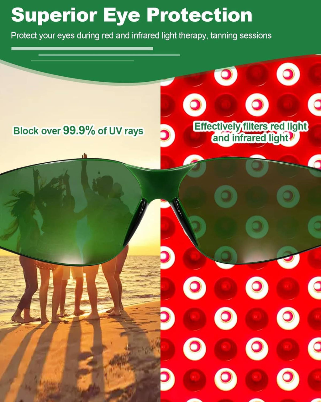 Green wraparound light therapy glasses with dark tinted lenses