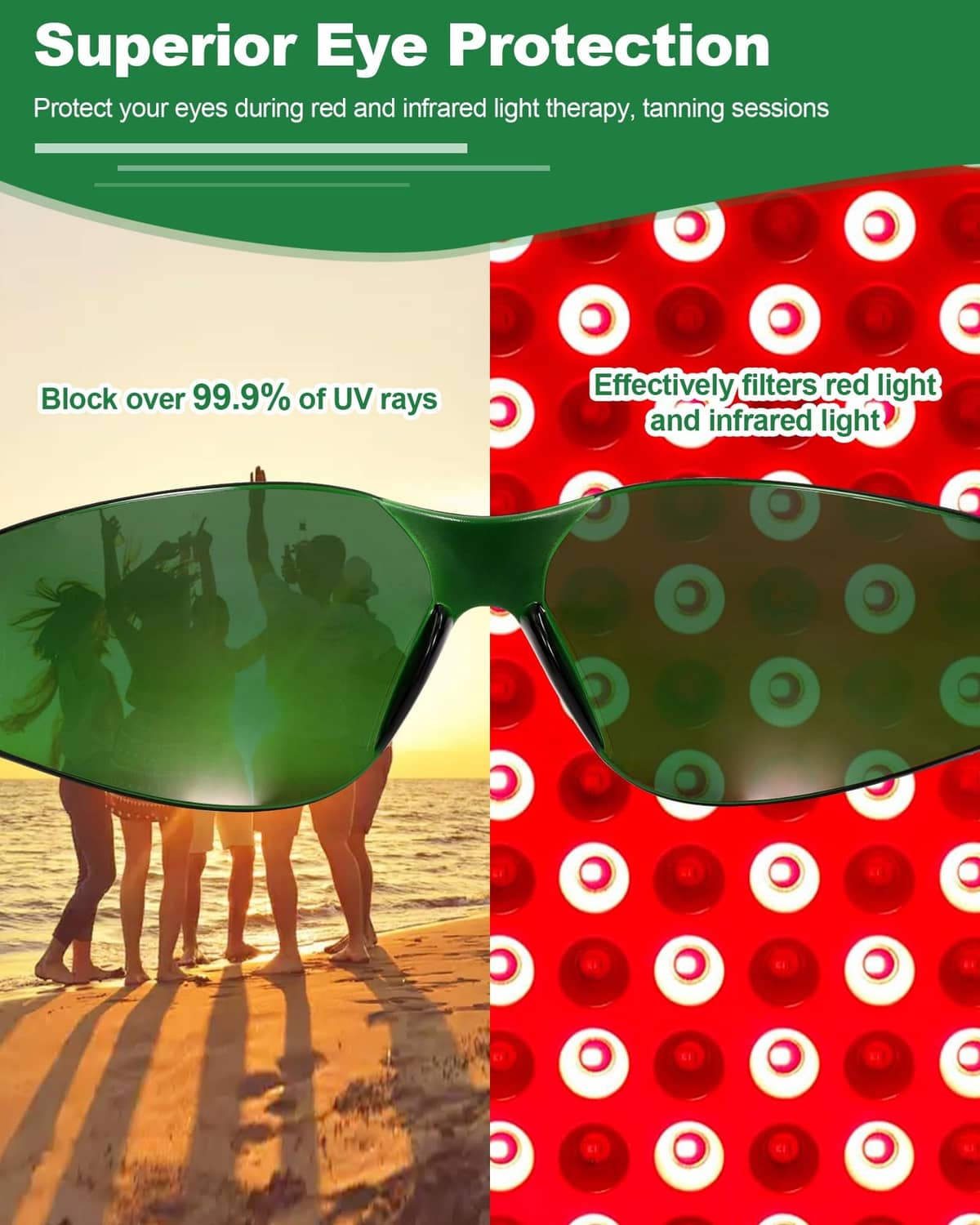 Green wraparound light therapy glasses with dark tinted lenses