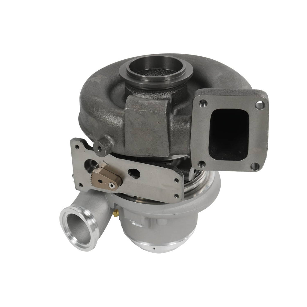 Turbocharger assembly with black exhaust inlet opening and silver outlet pipe