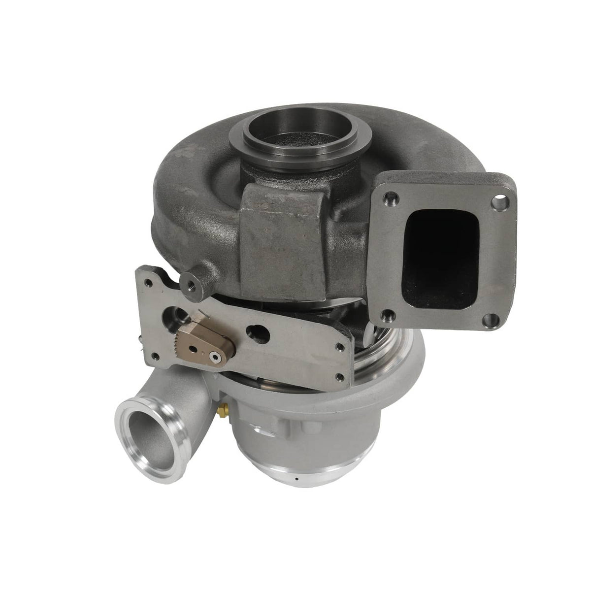 Turbocharger assembly with black exhaust inlet opening and silver outlet pipe