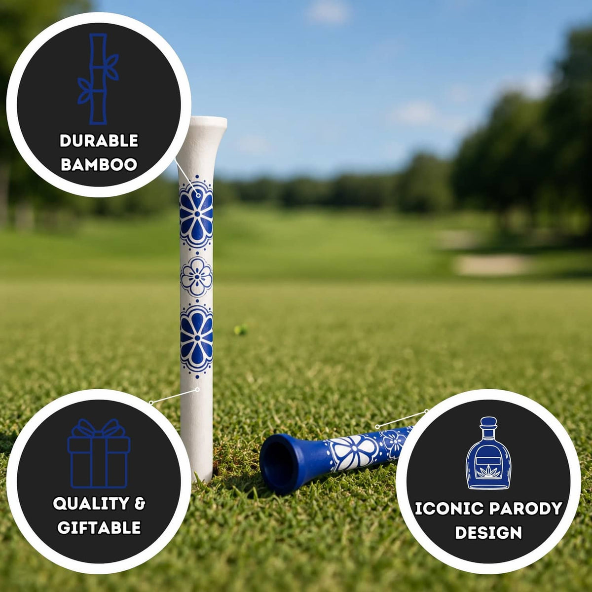 Bamboo golf tees set: white and blue tees with floral pattern, on grass