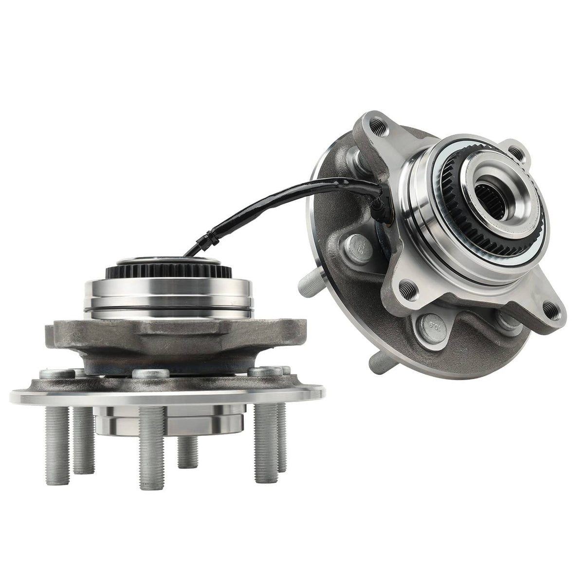 Front wheel bearing hub assembly with flange, studs, and electrical connector cable
