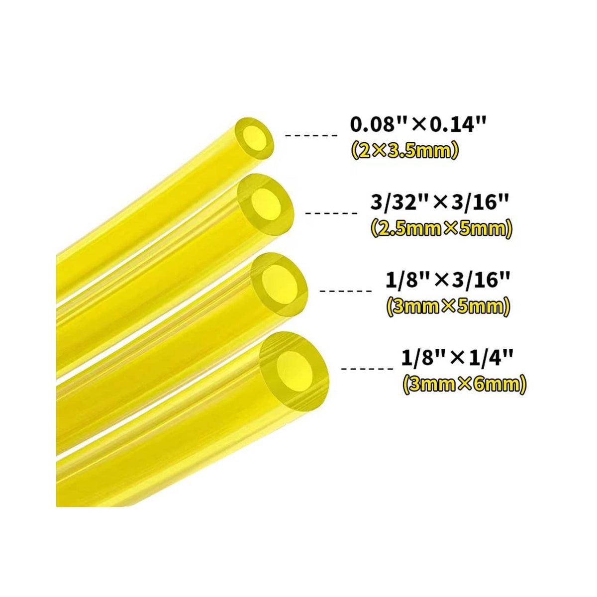 Yellow gas fuel line hose tubing with multiple diameter sizes, clear segments