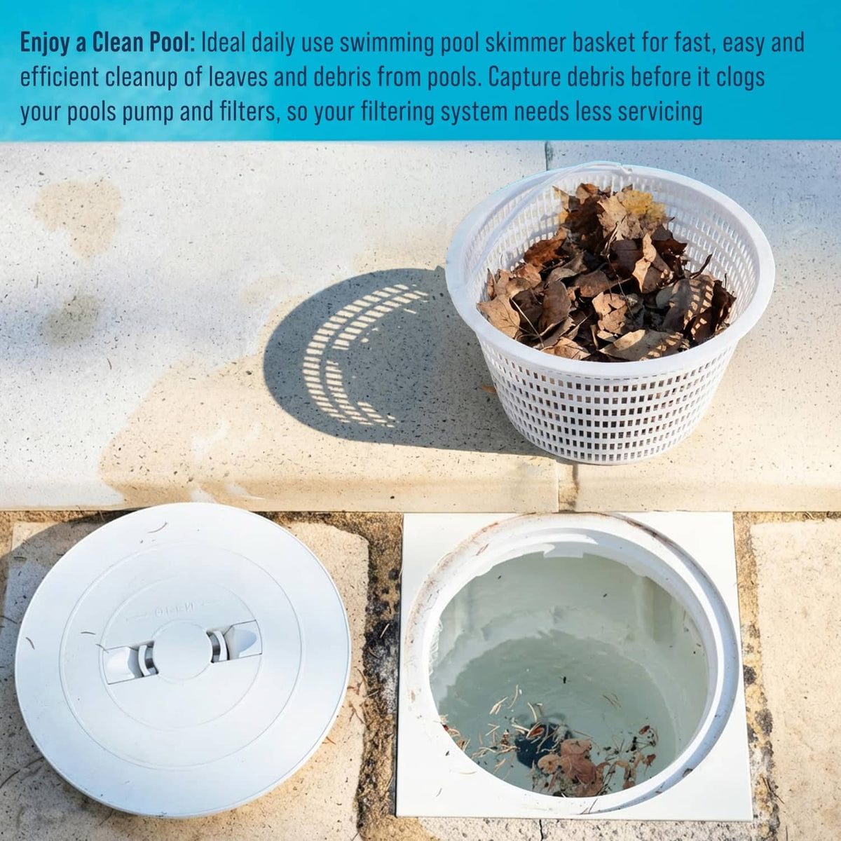 Off-white skimmer basket holding leaves and debris, perforated plastic mesh