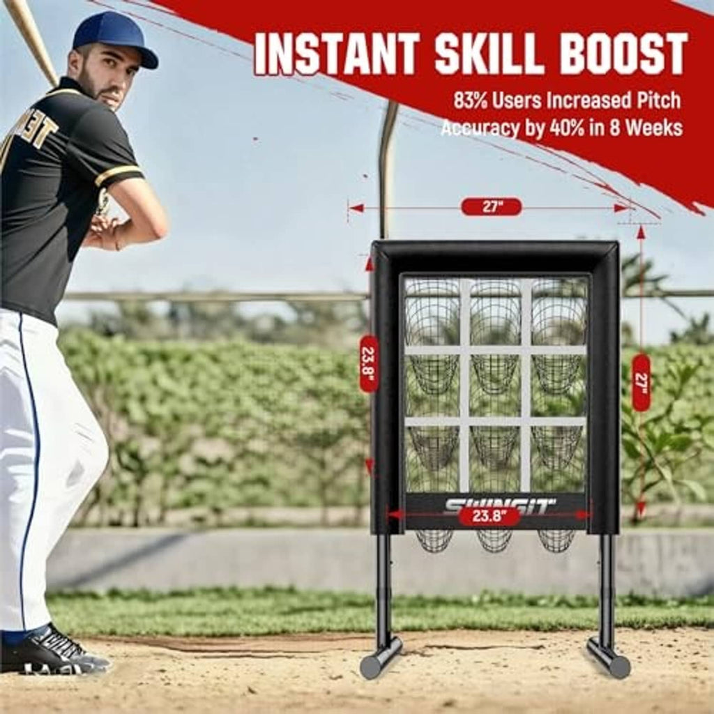 Black strike-zone pitching net with standing legs and front target frame panel.