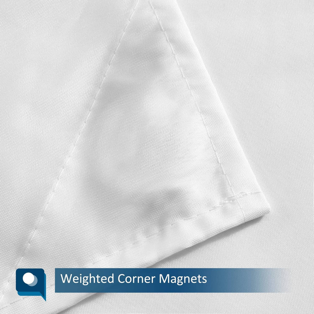 White shower curtain liner with weighted corner magnets to prevent lifting