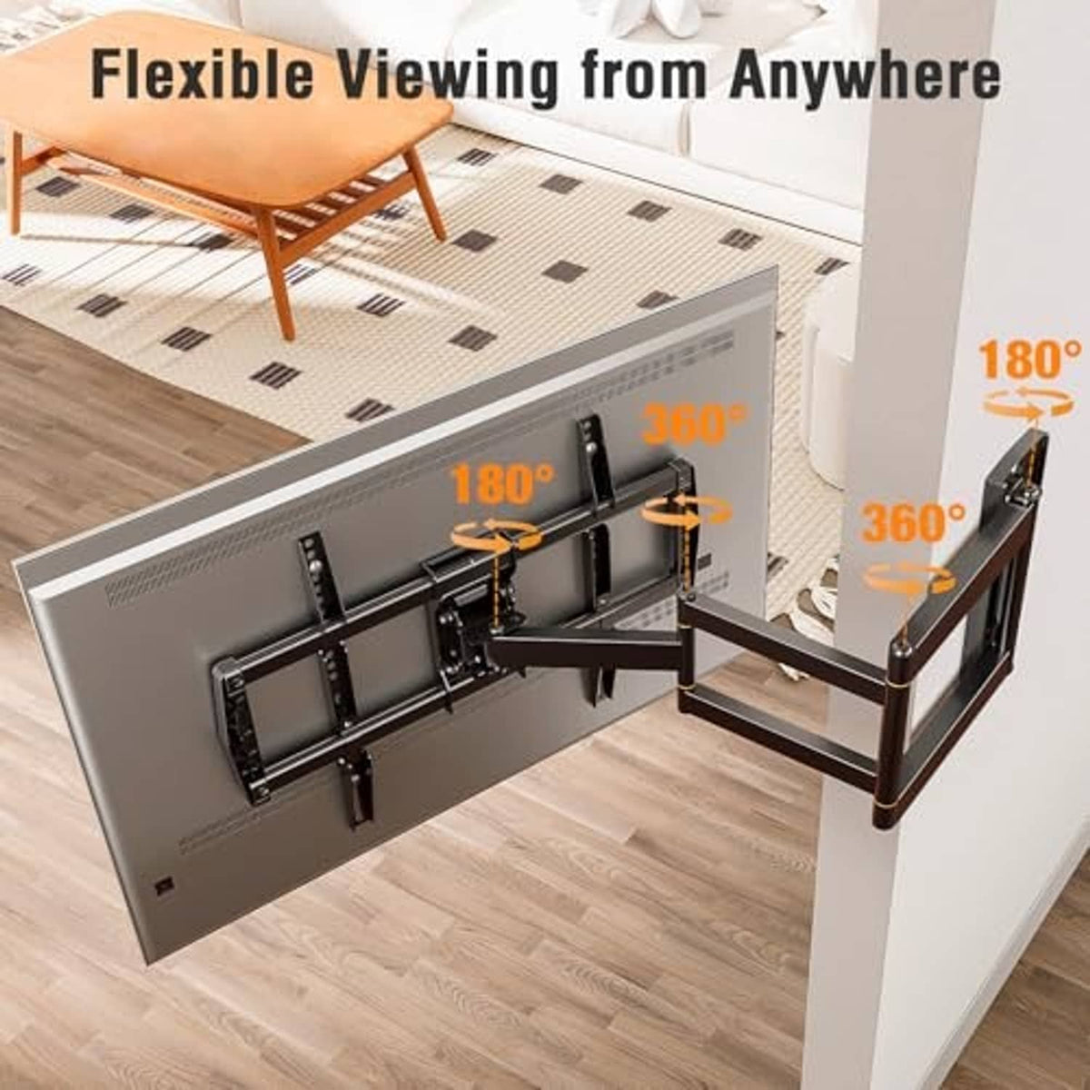 Black long-arm TV wall mount with swivel arms extending from the wall