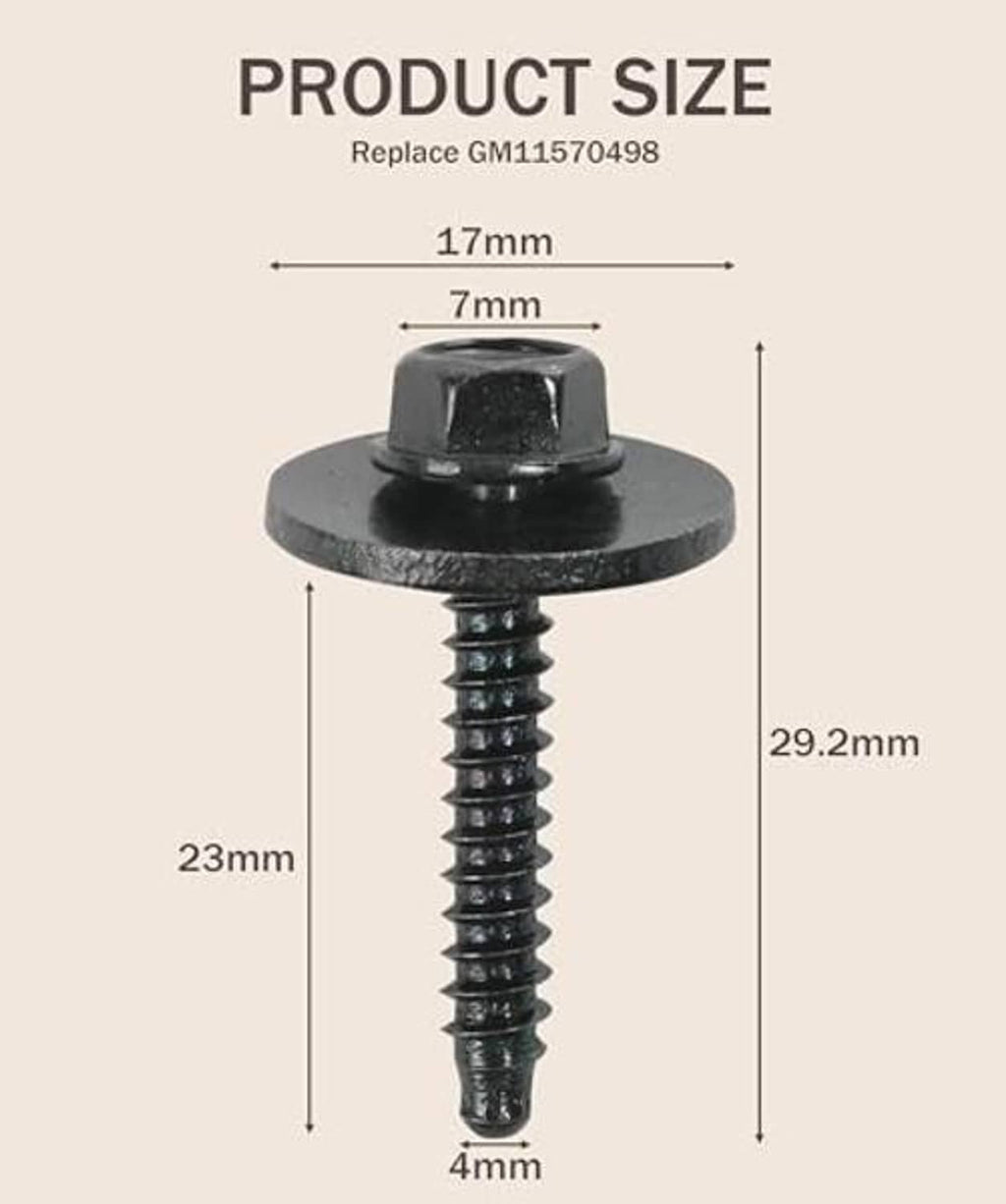 Black bumper cover screw with round head and threaded shaft, size markings shown