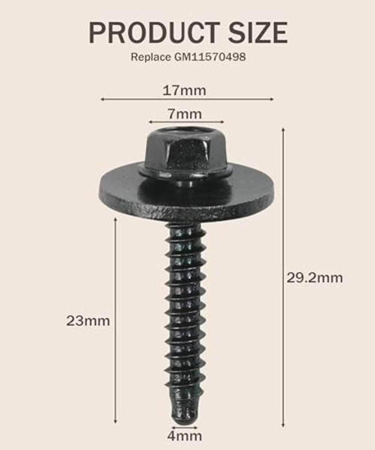 Black bumper cover screw with round head and threaded shaft, size markings shown