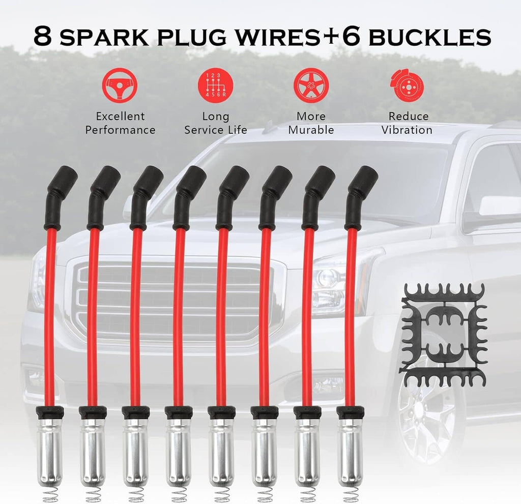 Spark plug wire set with red cables and black boots arranged on a vehicle hood.
