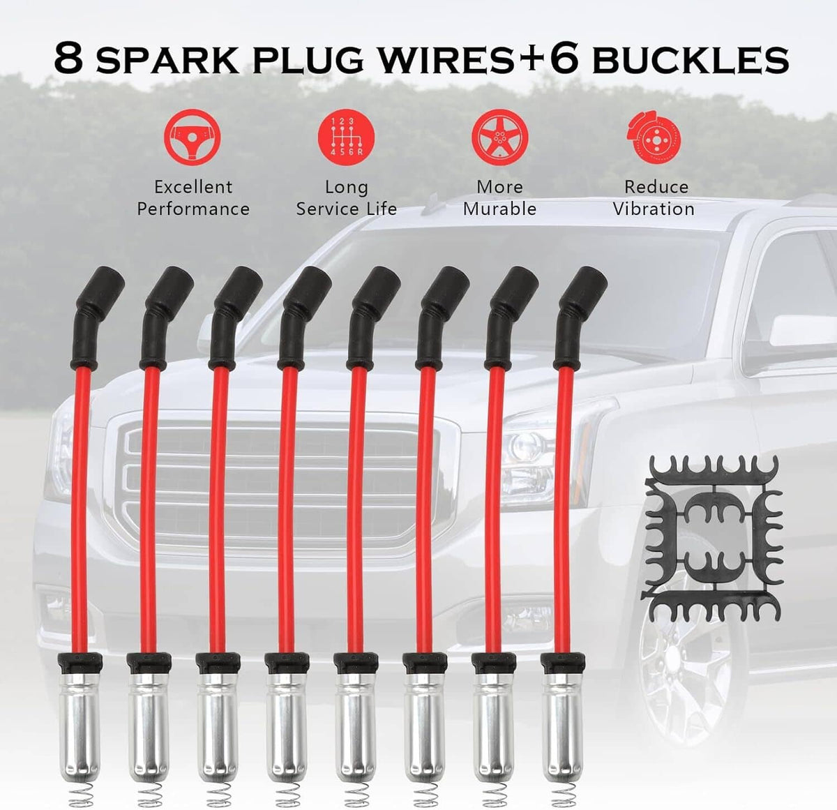 Spark plug wire set with red cables and black boots arranged on a vehicle hood.