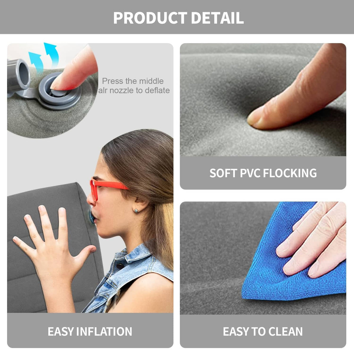 Gray inflatable wedge pillow details: air nozzle valve and soft PVC flocking texture