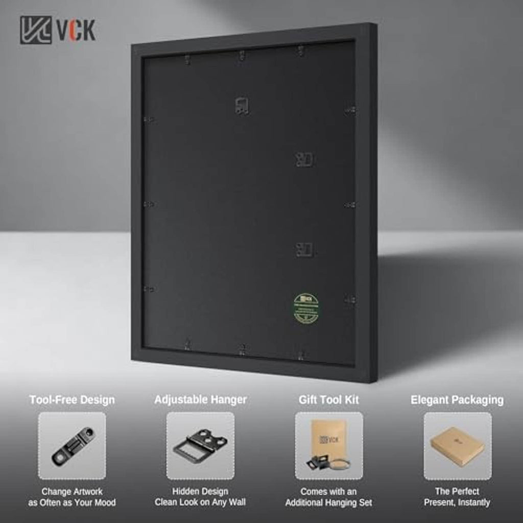 Black picture frame backboard with mounting hardware, front view