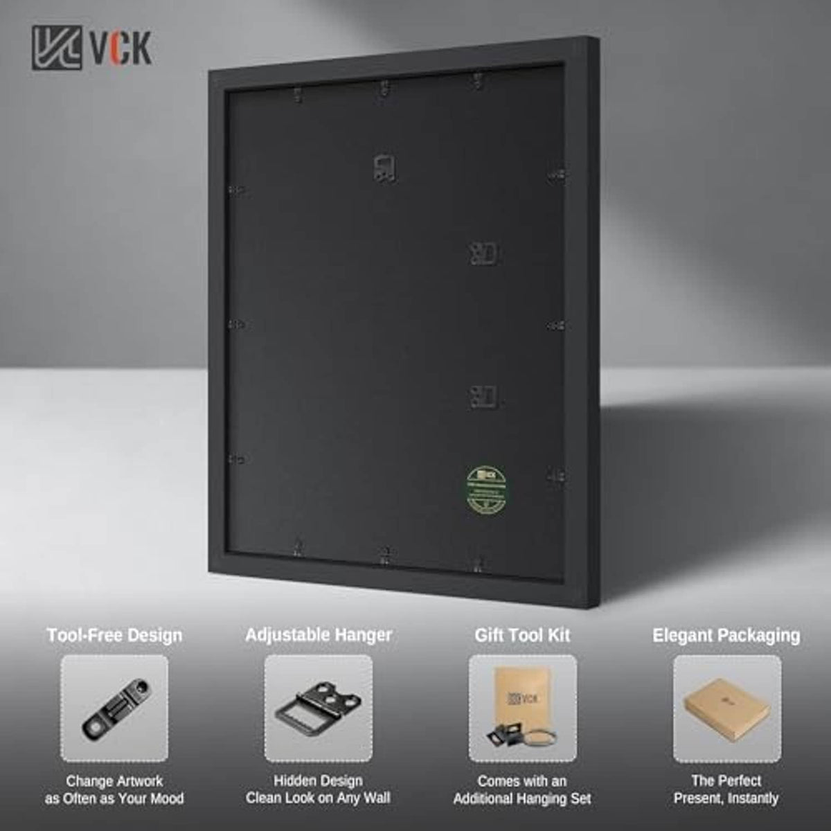Black picture frame backboard with mounting hardware, front view