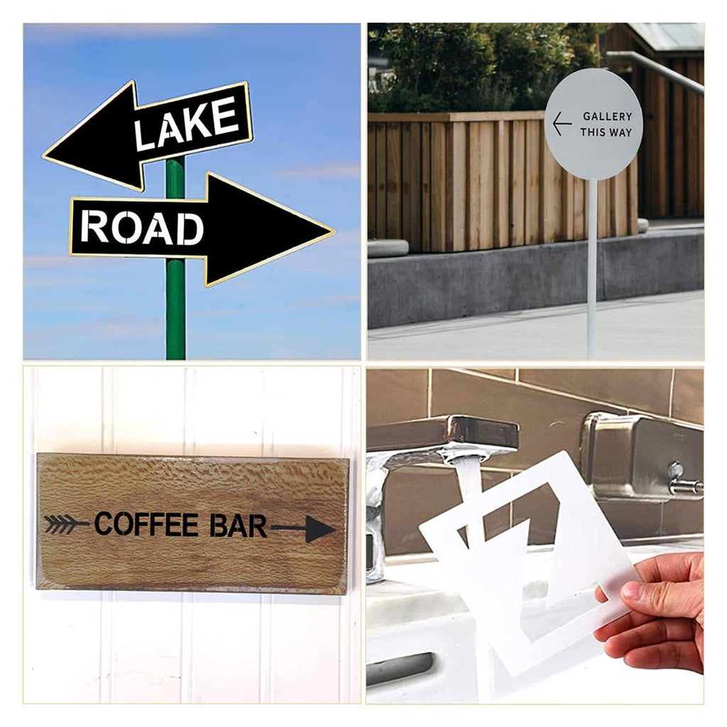 Letter stencil signs reading “LAKE ROAD” and “COFFEE BAR” with arrow shapes