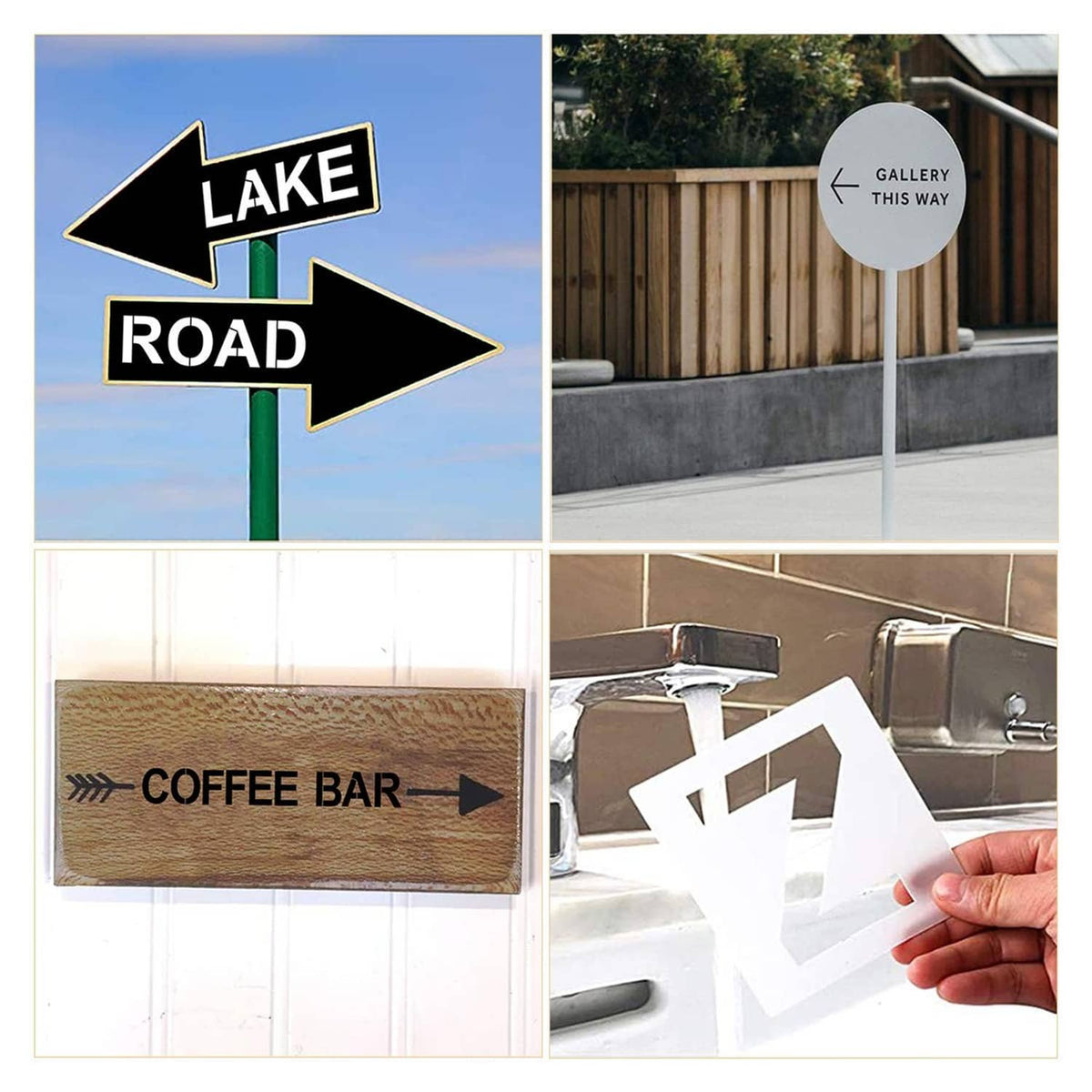 Letter stencil signs reading “LAKE ROAD” and “COFFEE BAR” with arrow shapes