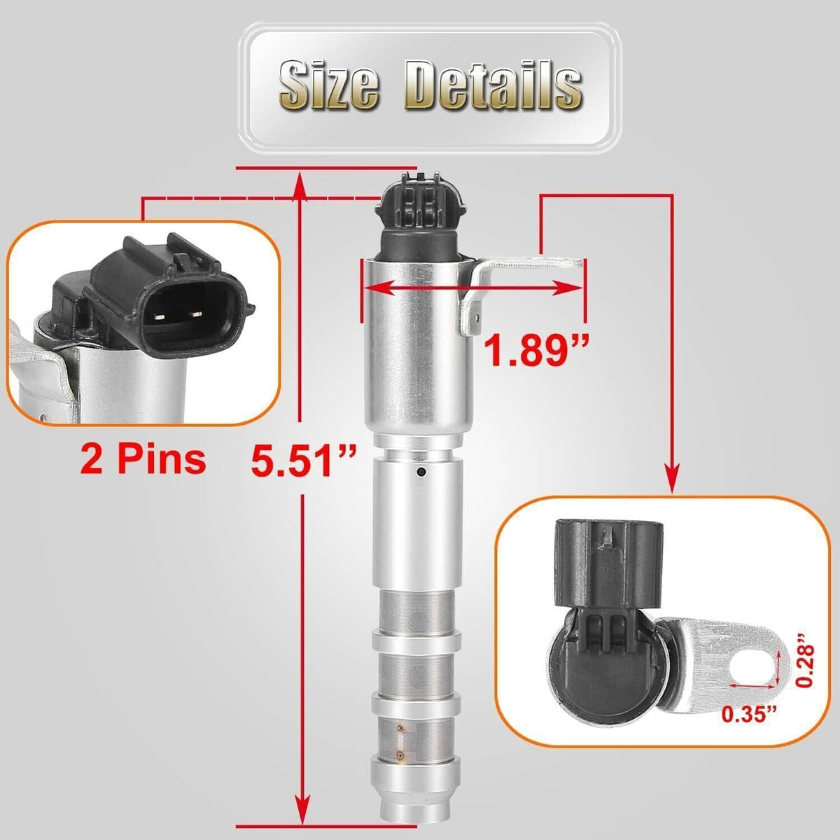 Variable valve timing solenoid with black 2-pin connector and metal mounting bracket