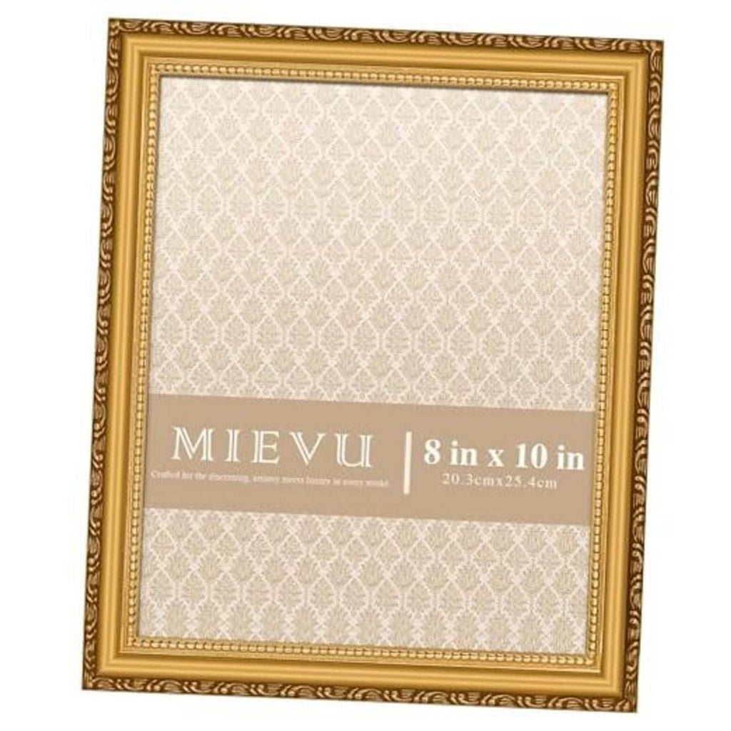 Gold plastic picture frame with decorative border, designed for 8 x 10 in photos