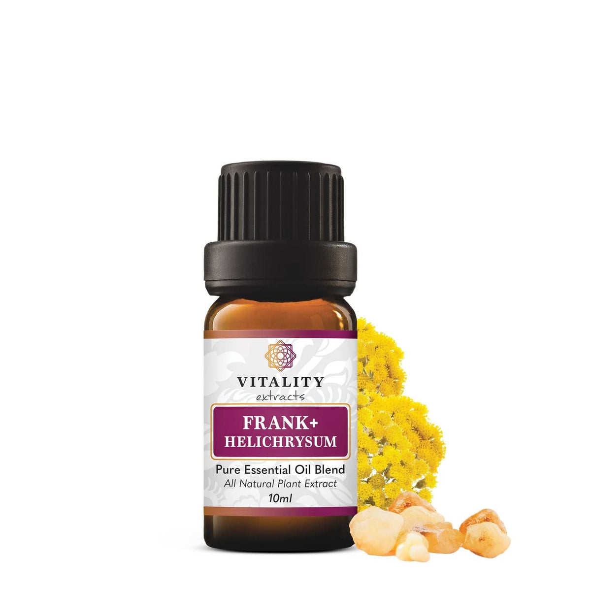 Frank+ Helichrysum pure essential oil blend bottle with black cap, amber glass.