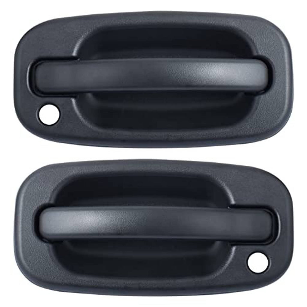 Textured black exterior door handle set with keyhole, angled front view of two pieces