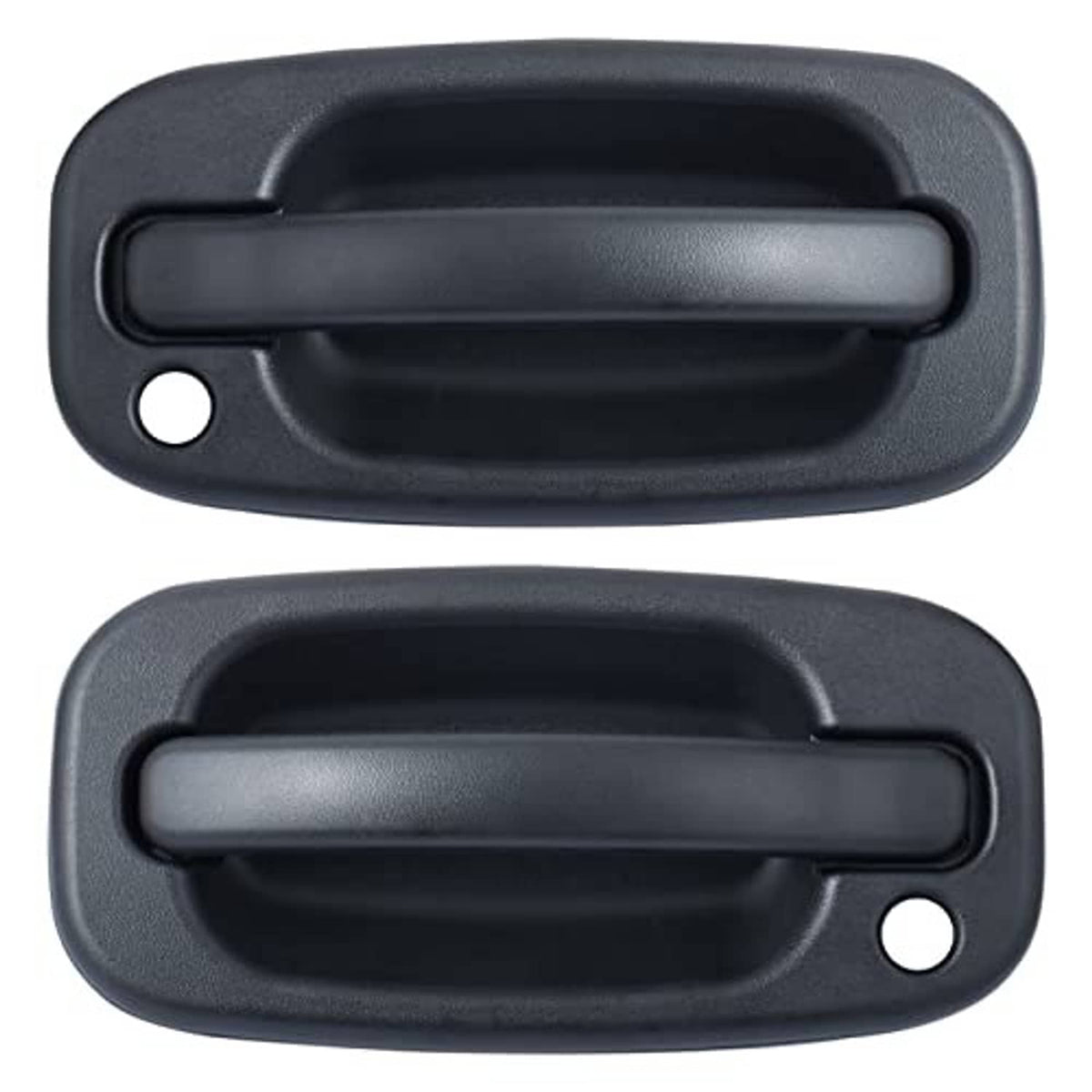 Textured black exterior door handle set with keyhole, angled front view of two pieces