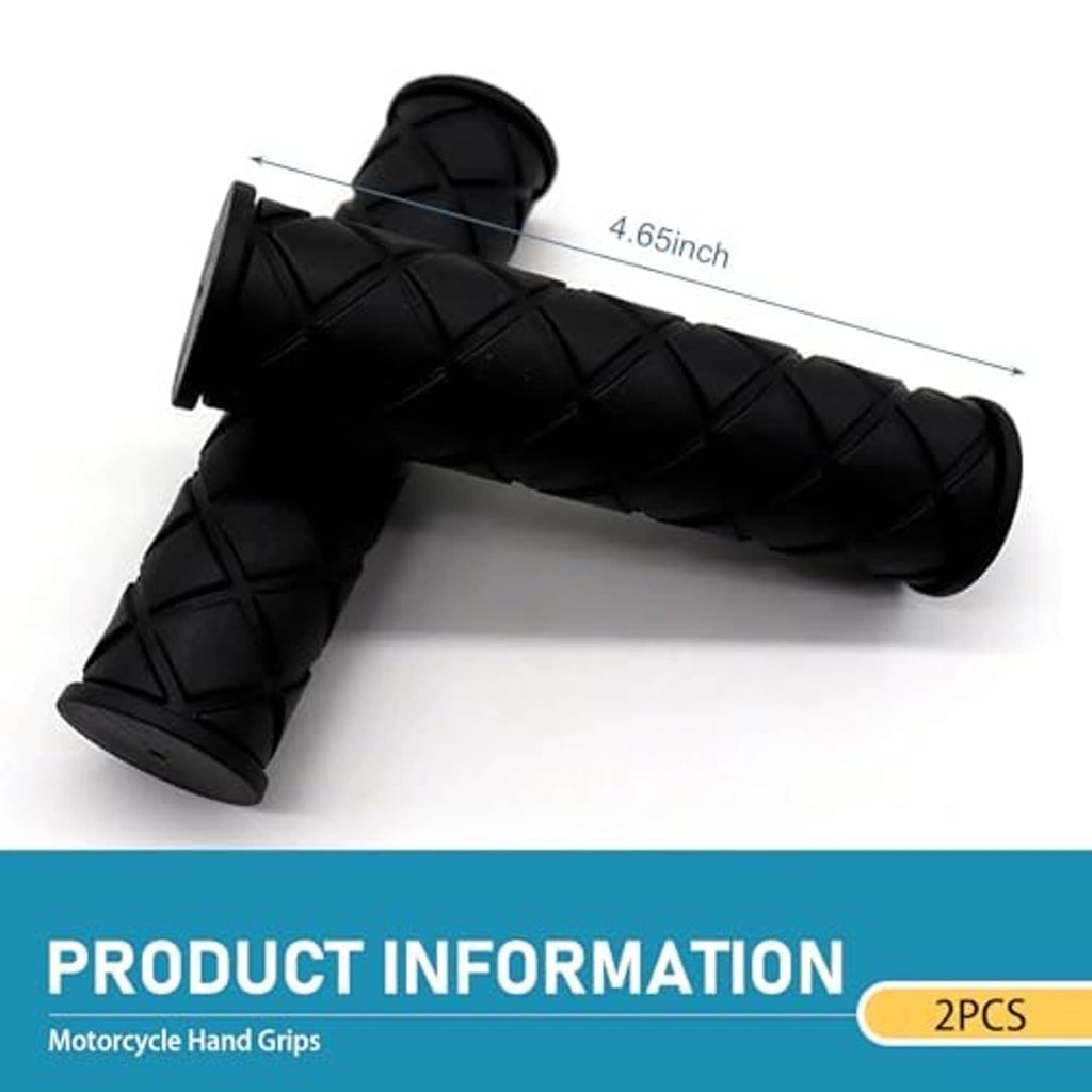 Black motorcycle hand grips with flared end caps and diamond tread texture
