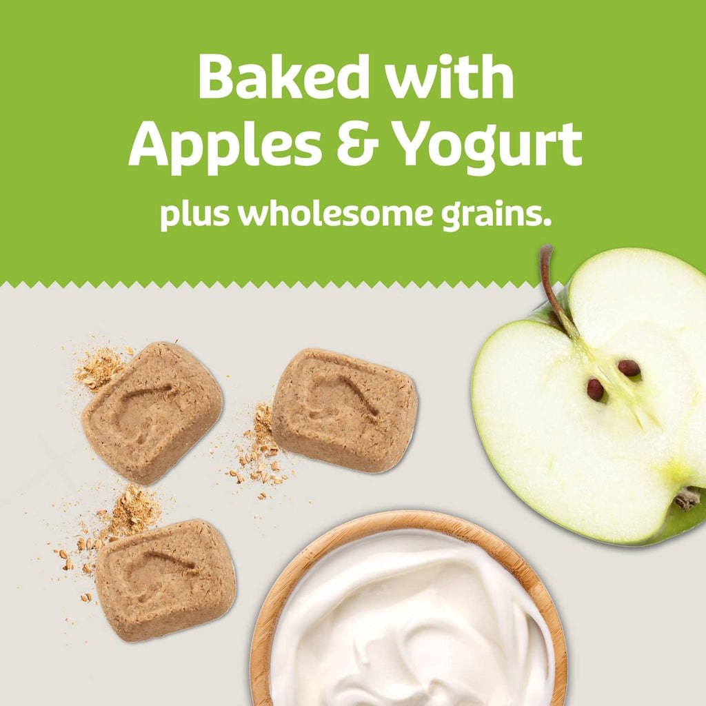 Baked apples and yogurt graphic with tan dog biscuit pieces, yogurt bowl, and apple slice